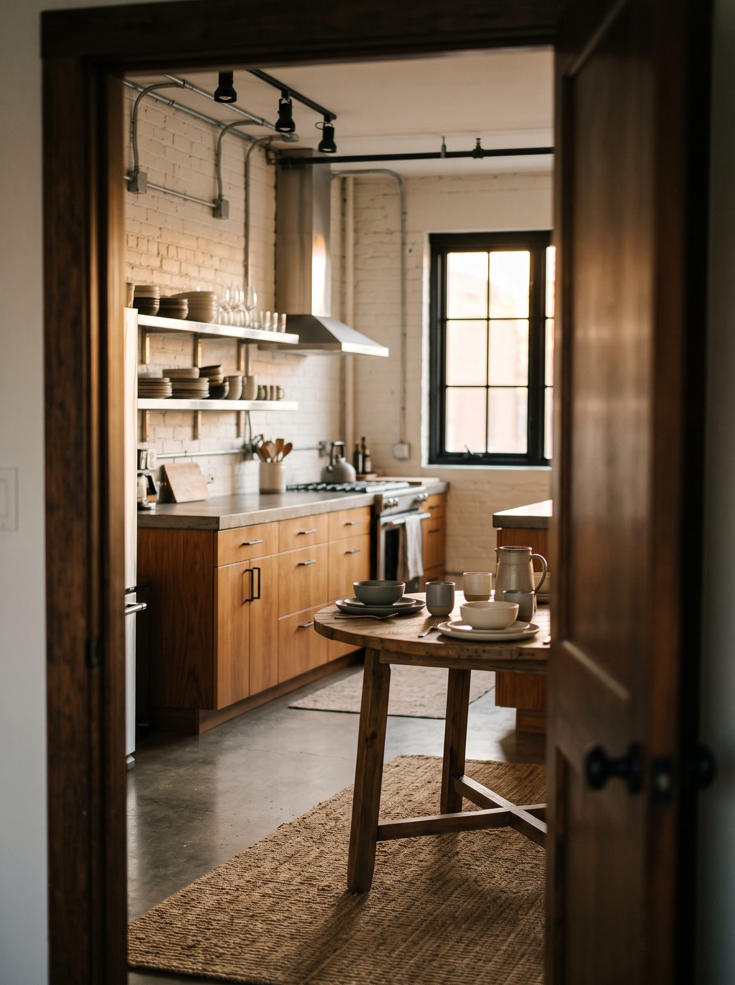 Cocina vista desde el vano, con mesa redonda