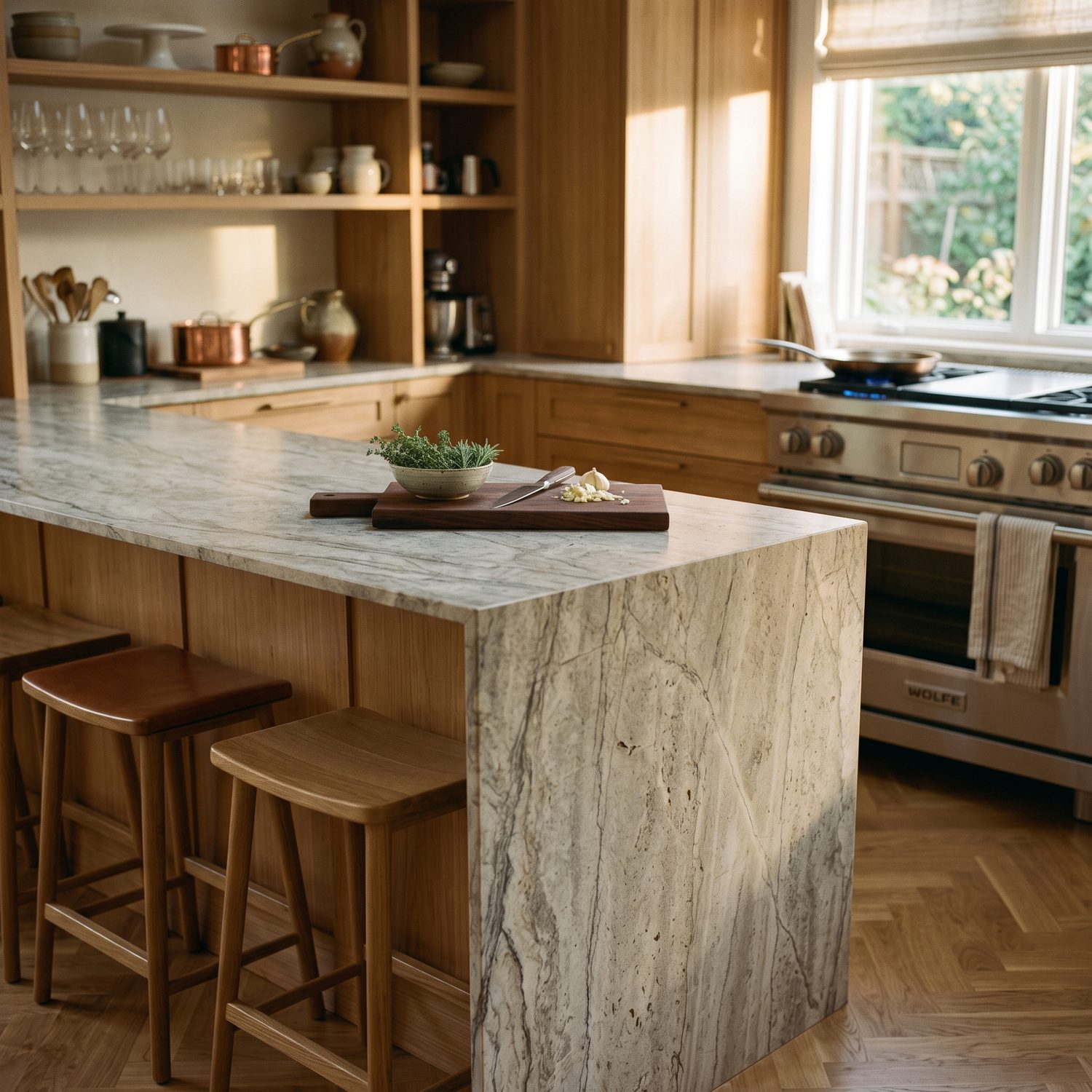 Cocina moderna con isla de piedra caliza