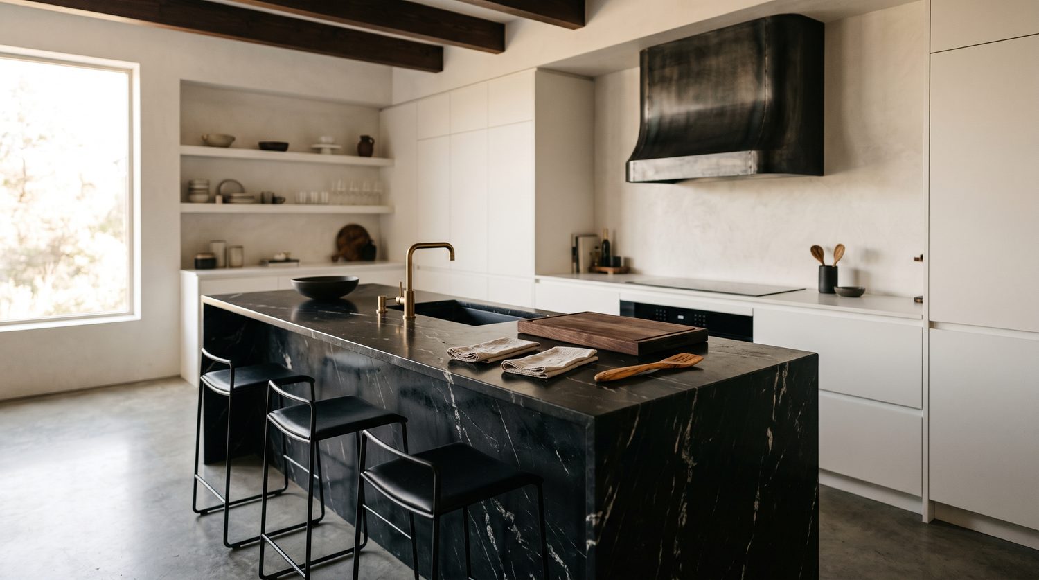 Cocina con isla de piedra y taburetes