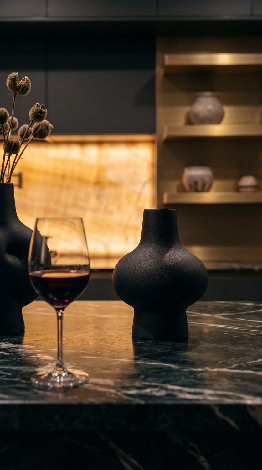Cocina nocturna con repisas retroiluminadas