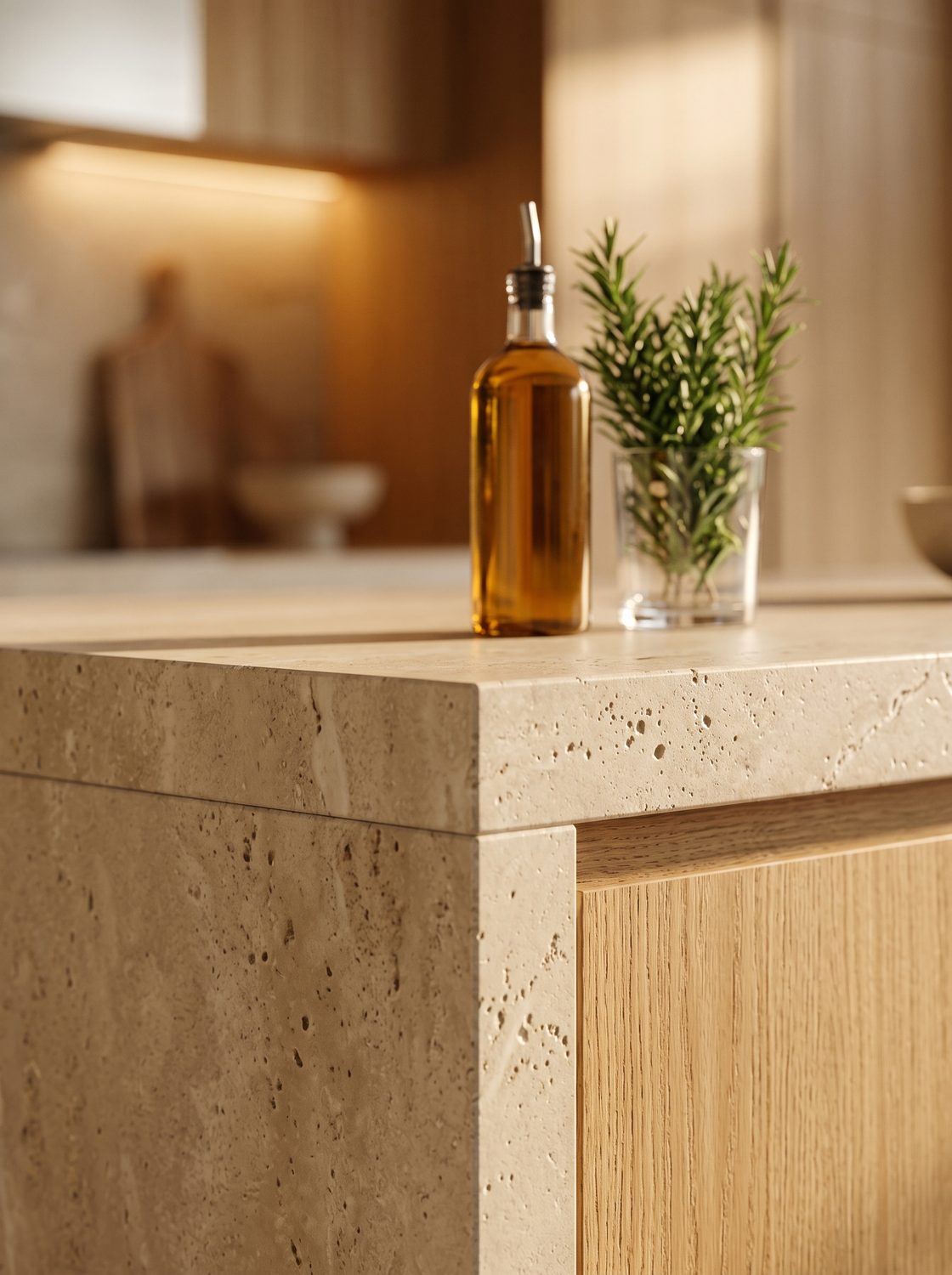 Detalle de isla de cocina con cubierta de piedra