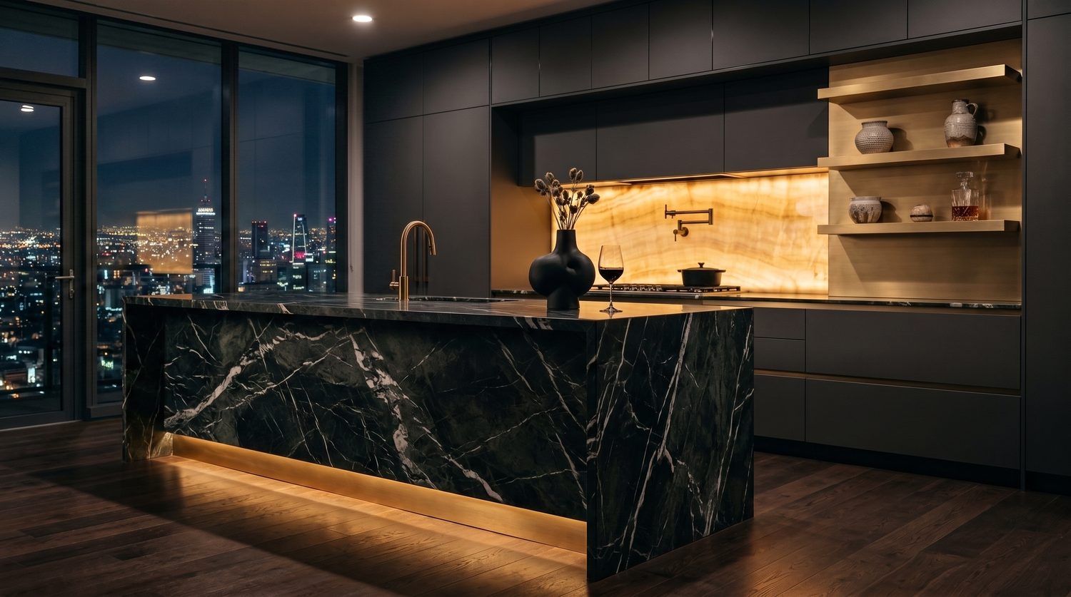 Cocina de autor iluminada de noche